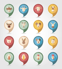 Farm animals mapping pins icons