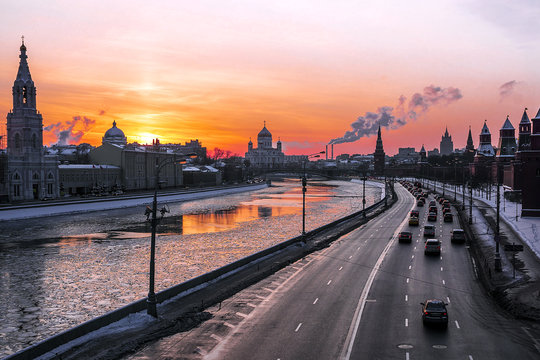 winter sunset in Moscow, Russia