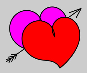 Two red and purple heart pierced by an arrow