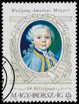 Stamp printed in Hungary shows the young Mozart