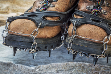 Fototapeta na wymiar hiking boots with crampons