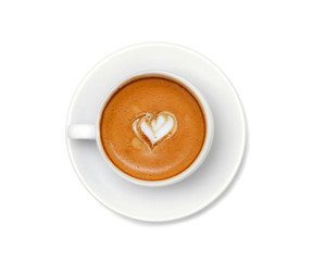 Latte coffee with heart symbol isolated on white background