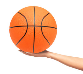 Basketball ball on woman hand isolated on white