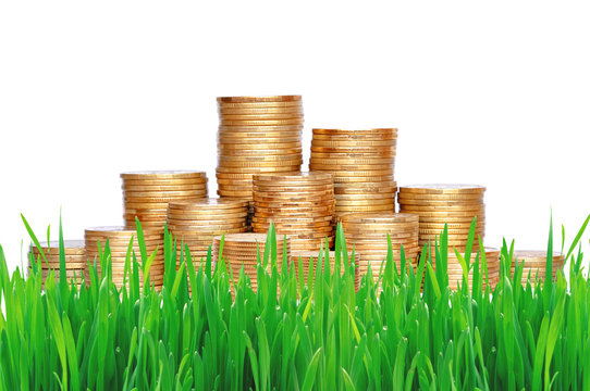 Many coins in column isolated on white