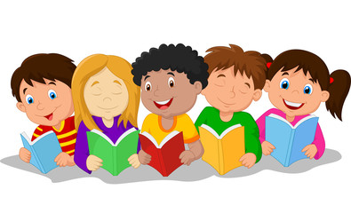 Happy children lying on the floor while reading books