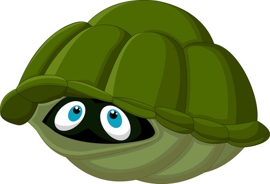 Cartoon  turtle hides in its shell