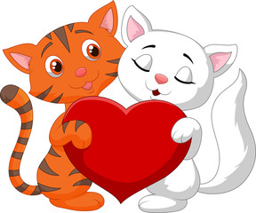 Fototapeta na wymiar Happy cat couple holding red heart