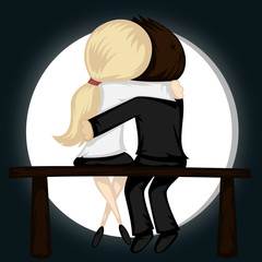 Be my Valentine! - Lovely couple sit on a bench with a full moon