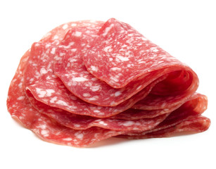 Salami sausage slices isolated on white background cutout