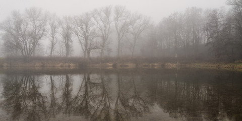 Desaturated foggy autumn landscape with small lake. Beautiful reflection in a pond. Peaceful landscape.