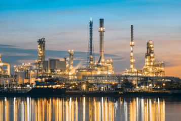 Fototapeta premium Oil gas refinery plant. May called petroleum, production or petrochemical plant. Industrial factory construction from engineering technology with steel pipe, pipeline, tank. Business for power energy.