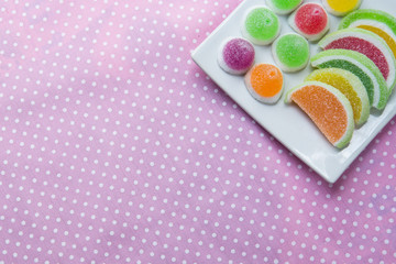 candies. jelly candies in plate on table. 