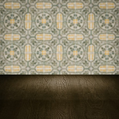 Fototapeta na wymiar Wood table top and blur vintage ceramic tile pattern wall