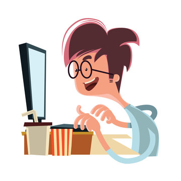 Man looking at computer vector illustration cartoon character