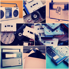 Vinyl records, audio cassettes, microphone, tape recorder and