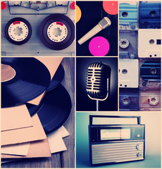 Vinyl records, audio cassettes, microphone and radio set in