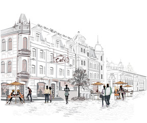 Series of street views with people in the old city