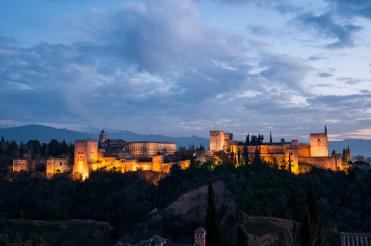 Evening view of ancient arabic fortress of Alhambra, Spain