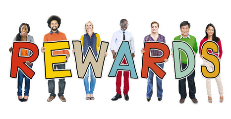 Diverse Group of People Holding Text Rewards Concept
