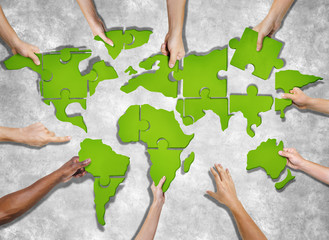 Aerial View People Forming World Map Puzzle Concept