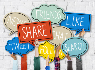 Hands Holding Colorful Speech Bubbles Social Media Concept