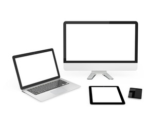Fototapeta premium Smart phone, laptop, desktop computer with blank screen