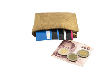 Wallet brown leather with credit card and thai bath on white bac