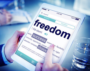 Man Reading Definition Freedom Tablet Searching Concept