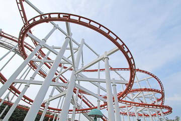 Roller coaster with blue sky background in theme park