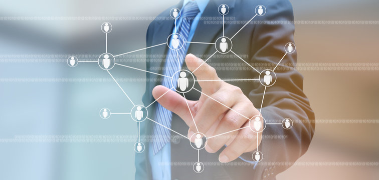 hand of businessman and social network on tech