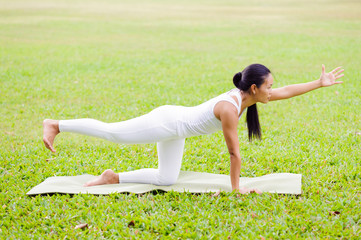 Fototapeta premium Beautiful woman practicing yoga in the park