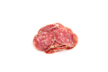 Slices of salami sausage on a white background