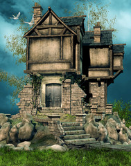 Ruiny starego domu na polanie wśród skał © Obsidian Fantasy