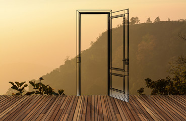 Landscape behind the opening door,3D