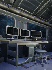 Stół z monitorami w futurystycznym statku kosmicznym - obrazy, fototapety, plakaty