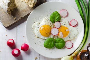 Fried eggs shape hearts Valentines dish
