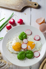 Fried eggs shape hearts Valentines dish