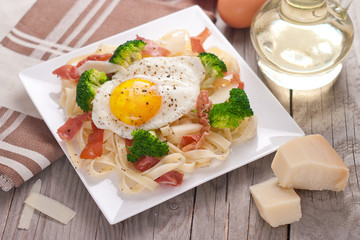 Tagliatelle pasta with broccoli, prosciutto and fried egg.