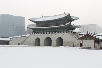 beautiful gyeongbok palace in soul, south korea - snow, winter