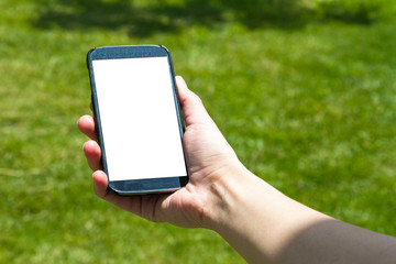 Woman Showing Smart Phone on Natural