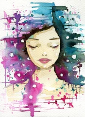 Papier Peint photo Lavable Inspiration picturale femme rose et bleue