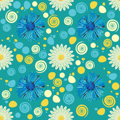 Seamless chamomiles and cornflowers pattern