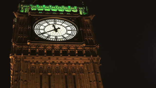 Zoom in time lapse of Big Ben coming up to midnight