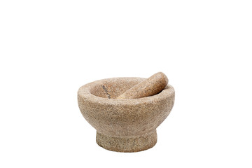 Granite mortar used for making sauces shot from above, isolated