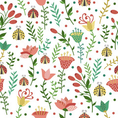 Floral seamless white pattern with ladybugs