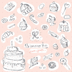 Graphic set of sweets. Decorative hand drawn dessert collection