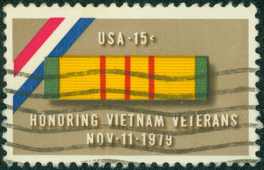 stamp printed in USA shows Ribbon for Viet Nam Service Medal