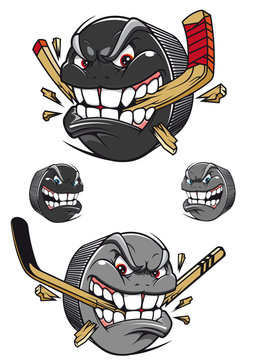 Angry evil hockey puck chomping a stick