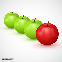 Row of green apple with red main one