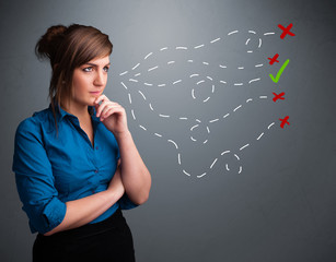 Young woman choosing between right and wrong signs